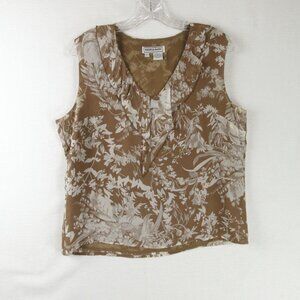 Nora Noh Sleeveless Silk Print Blouse Size L Ruffle Botanical